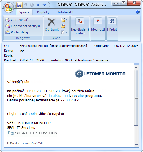 Príklad E-mailovej notifikácie o antivírusovej poruche