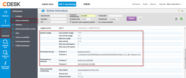Online info na CM portáli - aktuálny stav a zvýraznenie riadkov s CPU, Memory procesmi